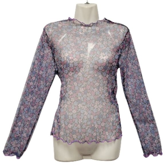 Sheer Purple High Neck Long Sleeve Floral Print Blouse Top Size L - Picture 1 of 13